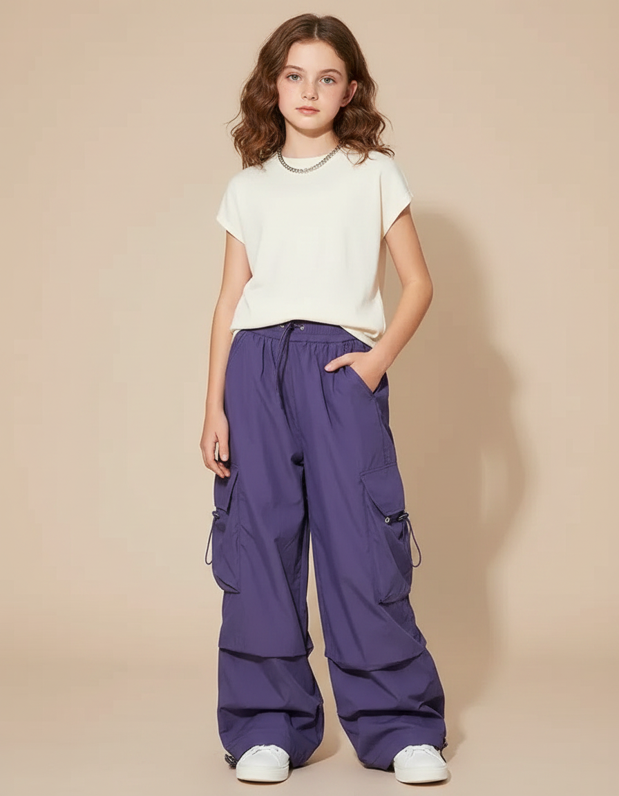Pantalon Fluide Violet Cargo Ample Streetwear Fille - Polyester