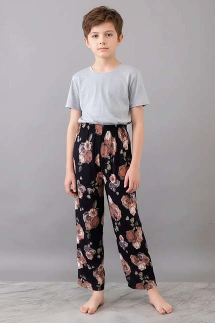 Pantalon Fluide Noir Floral Ample Doux Confortable - Viscose