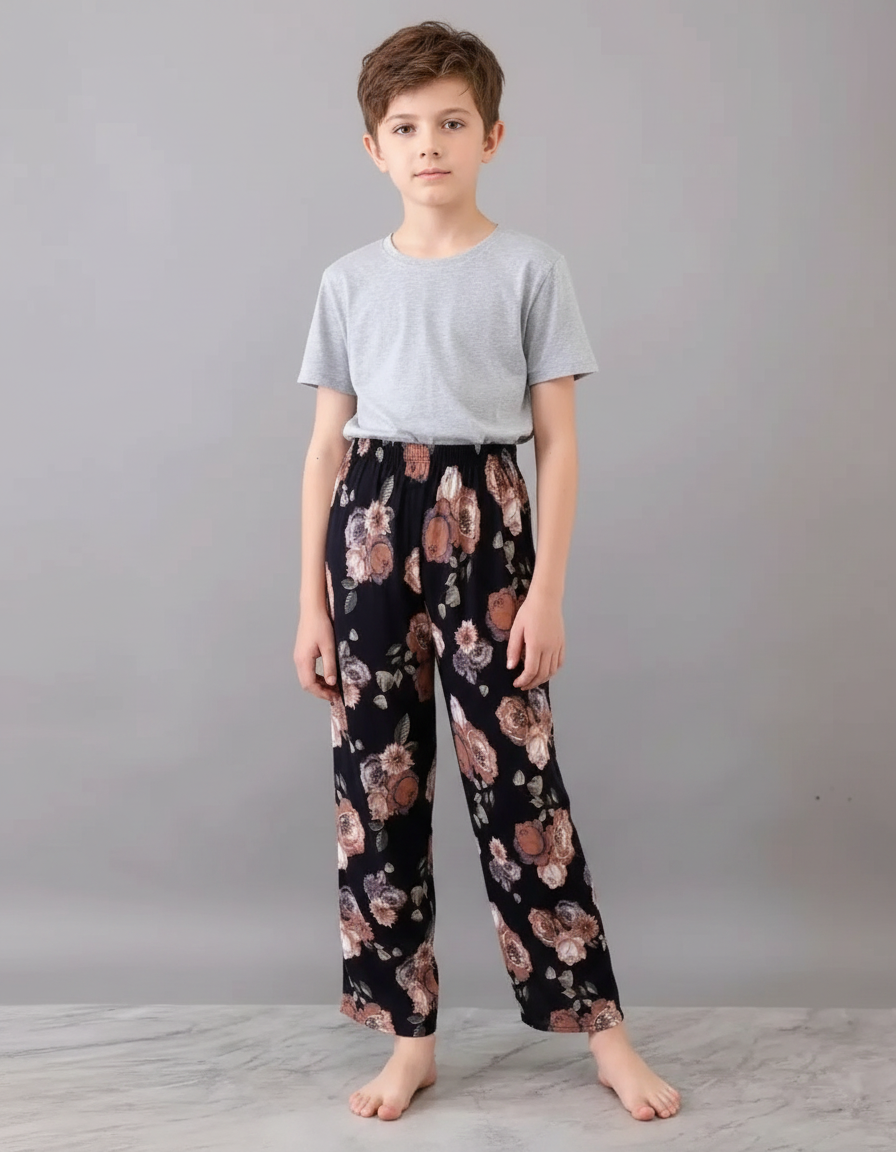 Pantalon Fluide Noir Floral Ample Doux Confortable - Viscose