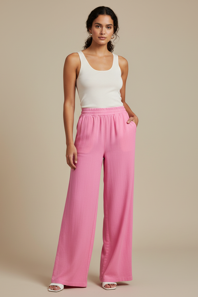 Pantalon Fluide Rose Ample Confortable Décontracté Estival - Lin