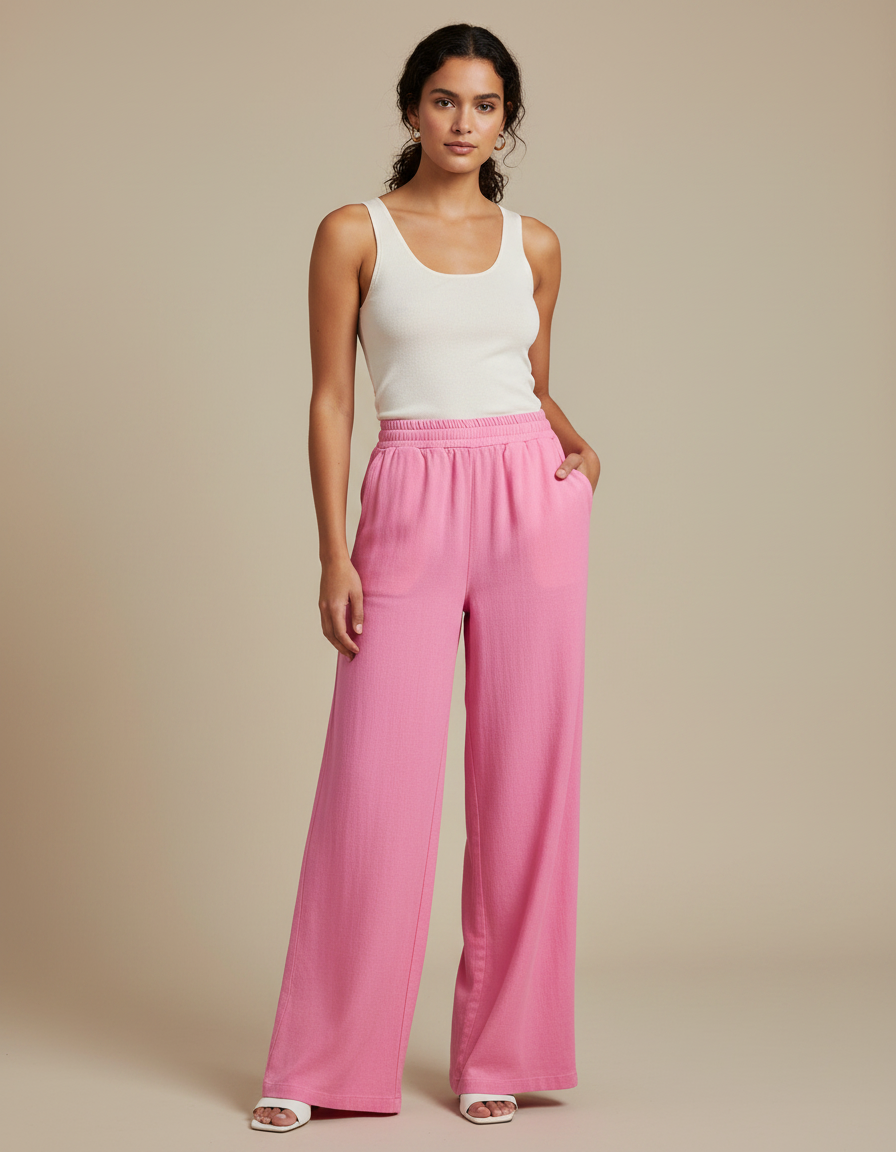 Pantalon Fluide Rose Ample Confortable Décontracté Estival - Lin