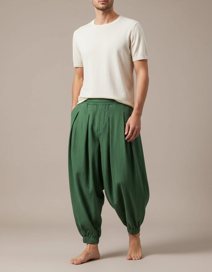 Pantalon Fluide Vert Ample Lin Plissé Décontracté Homme