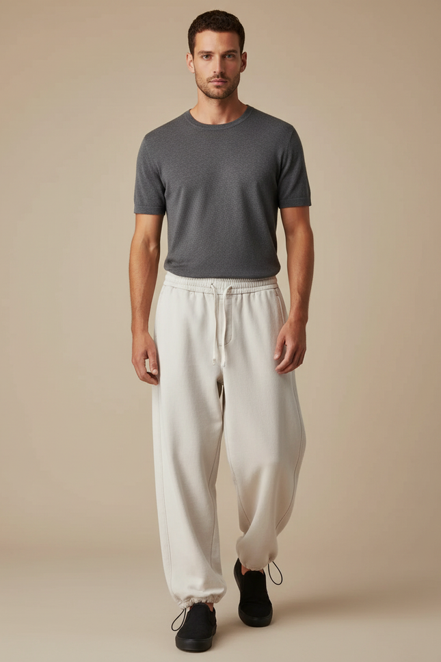 Pantalon Fluide Écru Coton Ample Décontracté Homme - Beige Molleton