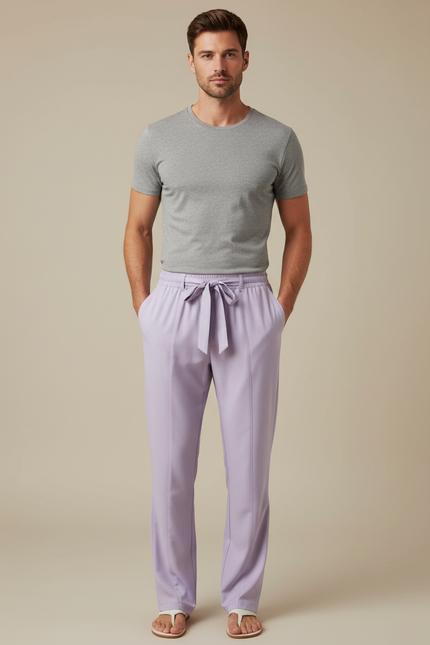 Pantalon Fluide Lilas Droit Cordon Homme - Violet Polyester