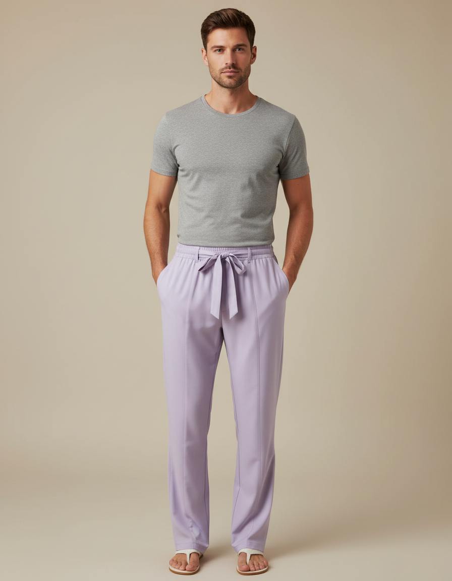 Pantalon Fluide Lilas Droit Cordon Homme - Violet Polyester