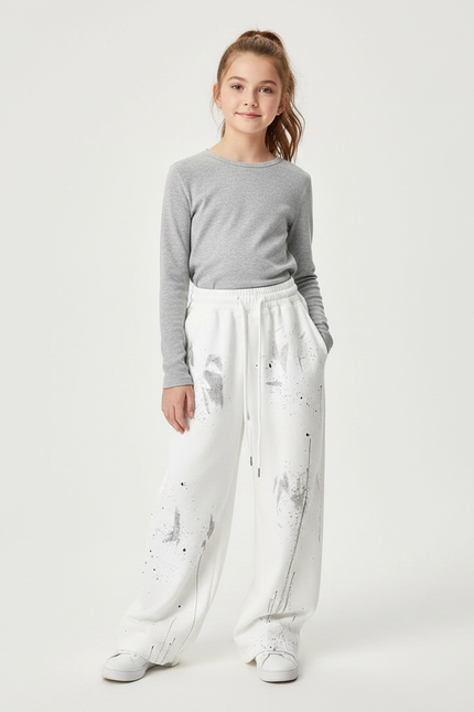 Pantalon Fluide Blanc Ample Éclaboussures Peinture Décontracté - Molleton