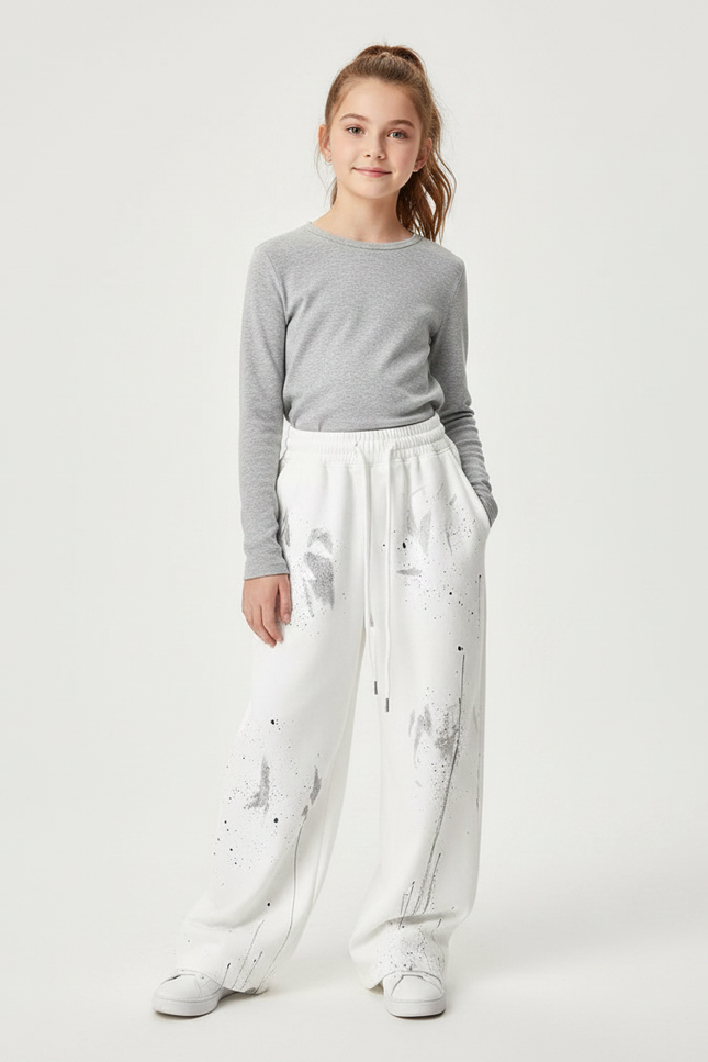 Pantalon Fluide Blanc Ample Éclaboussures Peinture Décontracté - Molleton