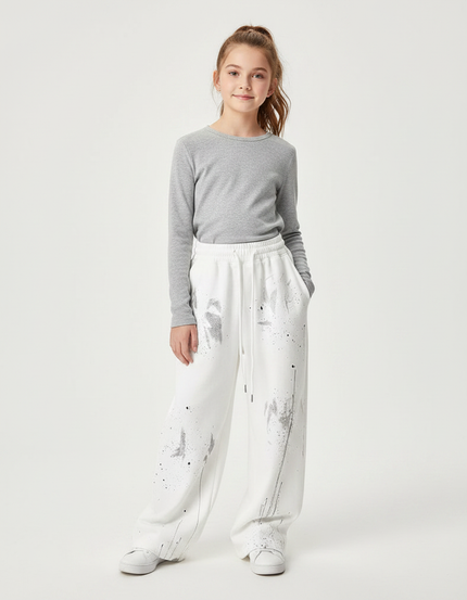Pantalon Fluide Blanc Ample Éclaboussures Peinture Décontracté - Molleton