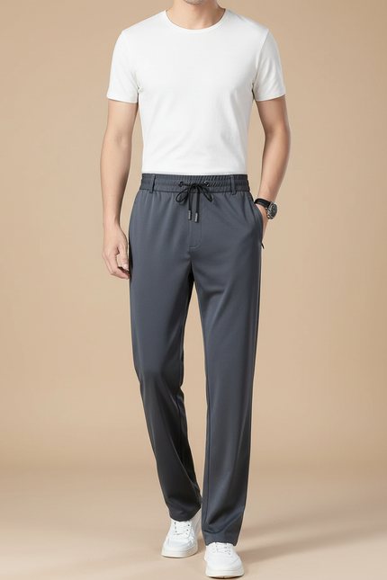 Pantalon Fluide Homme Gris Droit Décontracté Extensible - Polyester