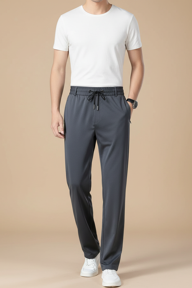 Pantalon Fluide Homme Gris Droit Décontracté Extensible - Polyester