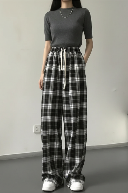 Pantalon Fluide Carreaux Noir Blanc Ample Décontracté - Imprimé Molleton
