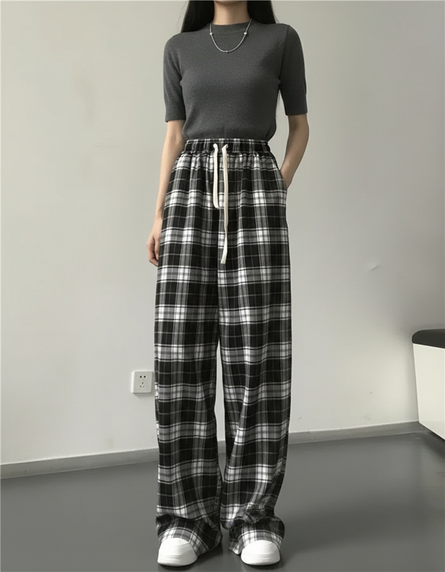 Pantalon Fluide Carreaux Noir Blanc Ample Décontracté - Imprimé Molleton