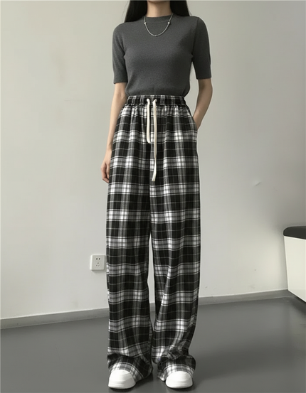 Pantalon Fluide Carreaux Noir Blanc Ample Décontracté - Imprimé Molleton