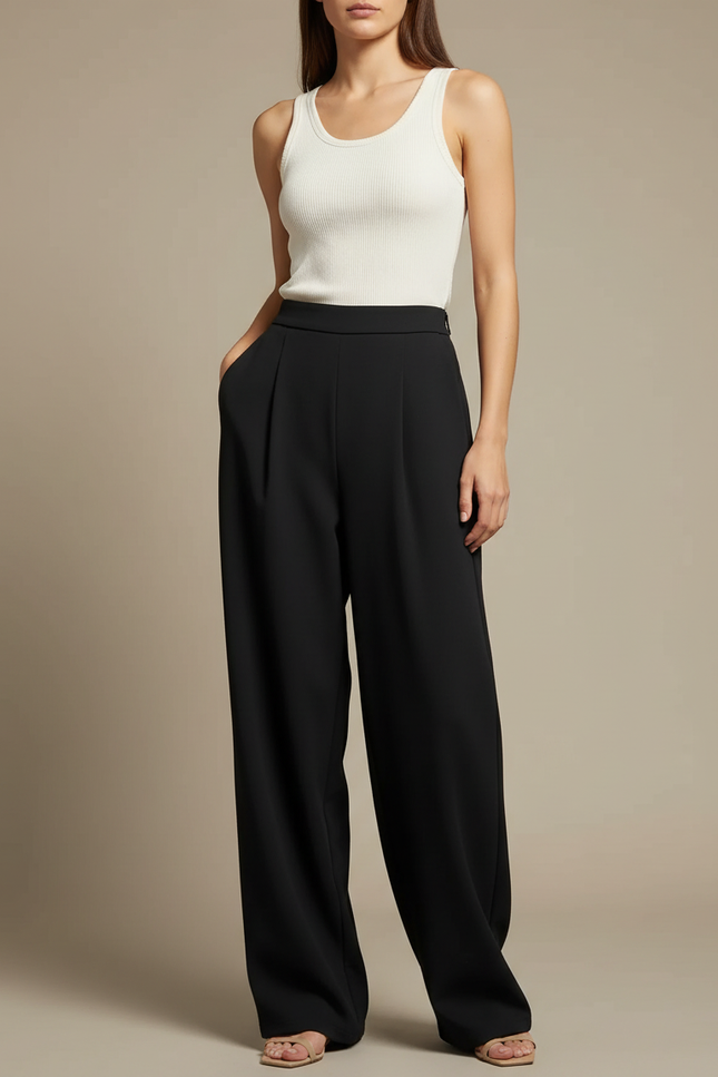 Pantalon Fluide Femme Noir Palazzo Crêpe Chic Été - Polyester
