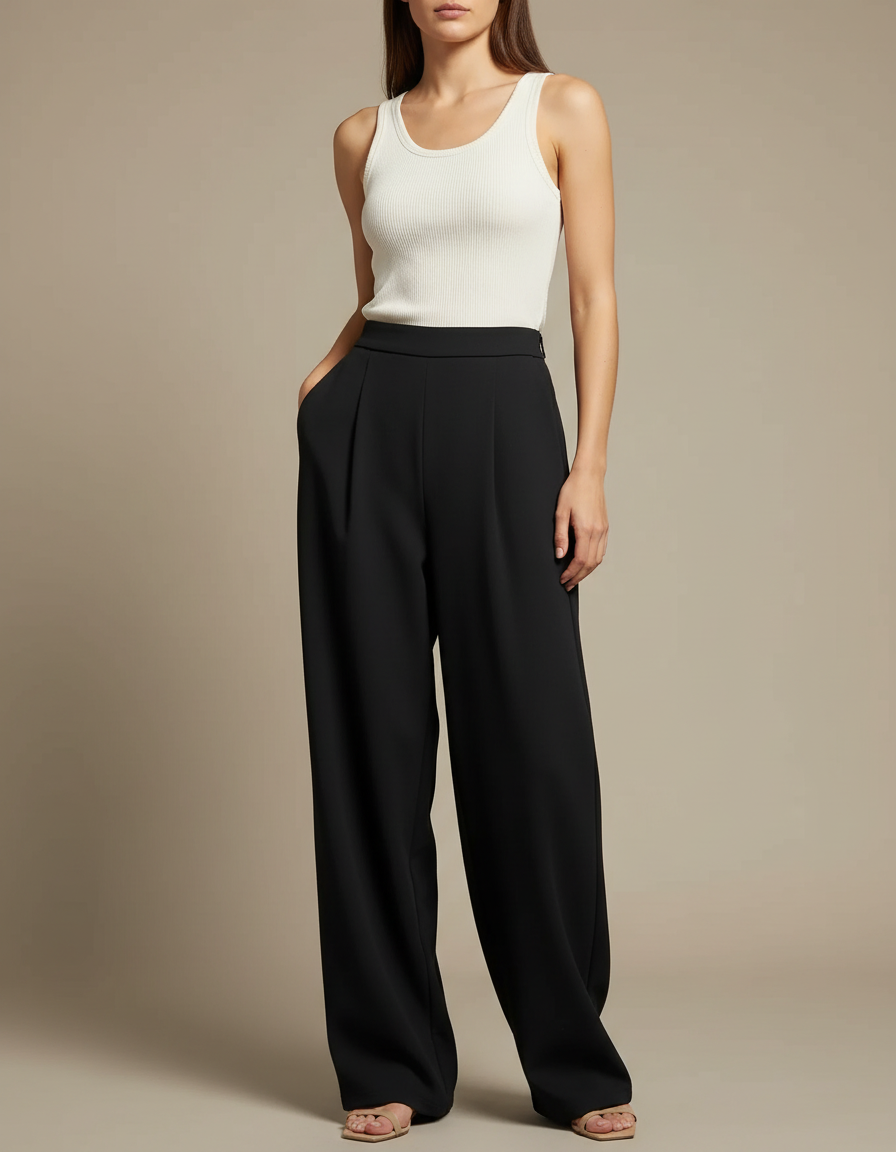 Pantalon Fluide Femme Noir Palazzo Crêpe Chic Été - Polyester