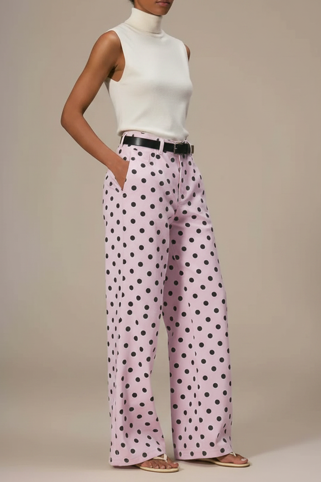 Pantalon Fluide Rose À Pois Noir Ample Décontracté Femme - Viscose