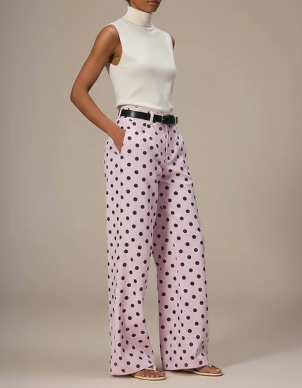 Pantalon Fluide Rose À Pois Noir Ample Décontracté Femme - Viscose