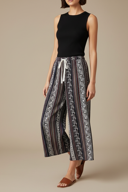 Pantalon Fluide Imprimé Ethnique Ample Cordon Décontracté - Viscose