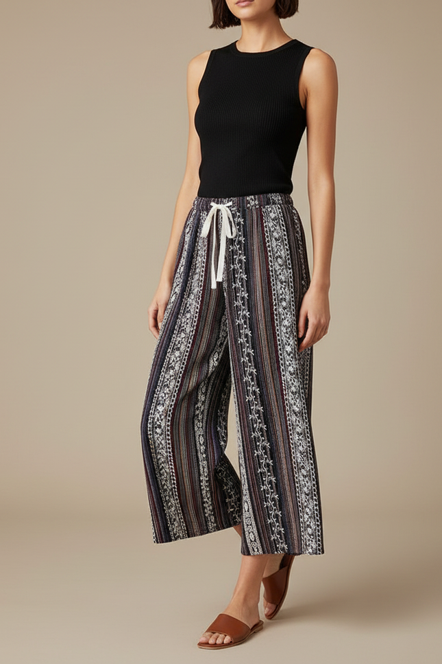 Pantalon Fluide Imprimé Ethnique Ample Cordon Décontracté - Viscose