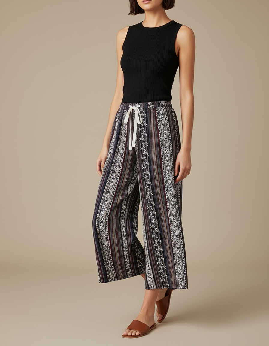 Pantalon Fluide Imprimé Ethnique Ample Cordon Décontracté - Viscose