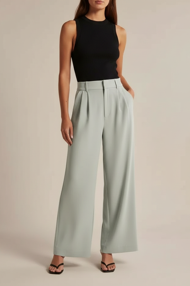 Pantalon Fluide Vert Ample Taille Haute Élégant Décontracté - Polyester