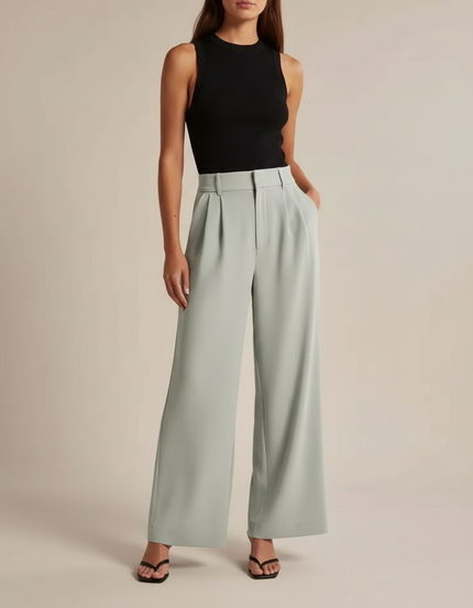 Pantalon Fluide Vert Ample Taille Haute Élégant Décontracté - Polyester