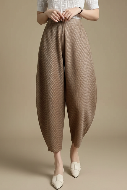 Pantalon Fluide Plissé Marron Ample Décontracté Confortable - Polyester