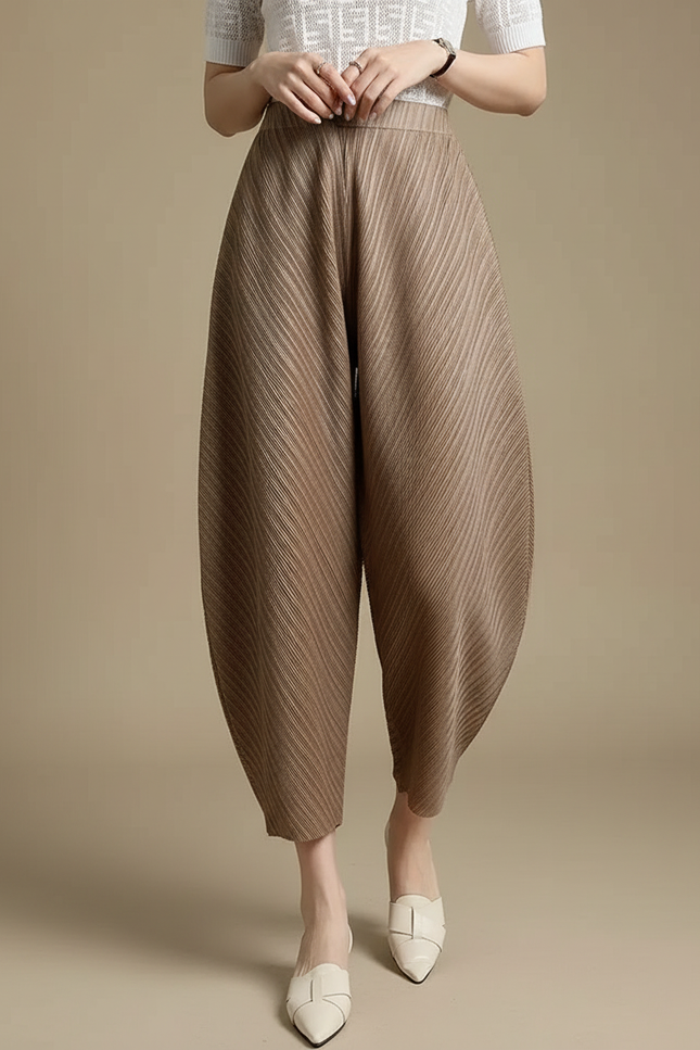 Pantalon Fluide Plissé Marron Ample Décontracté Confortable - Polyester