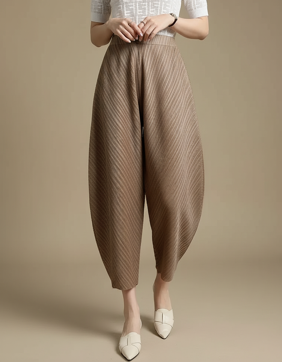 Pantalon Fluide Plissé Marron Ample Décontracté Confortable - Polyester
