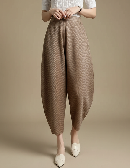 Pantalon Fluide Plissé Marron Ample Décontracté Confortable - Polyester