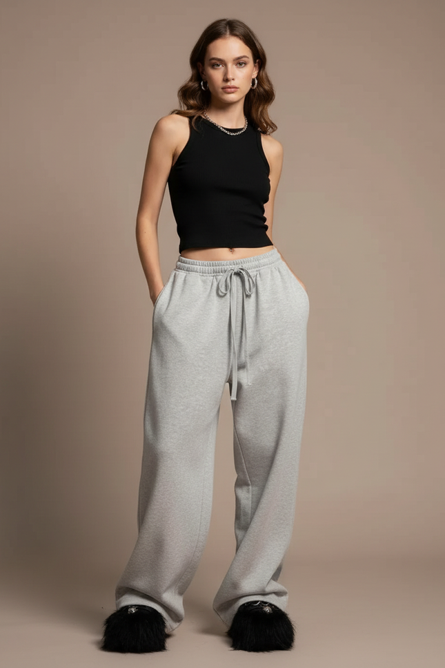 Pantalon Fluide Gris Ample Confortable Décontracté Femme - Molleton