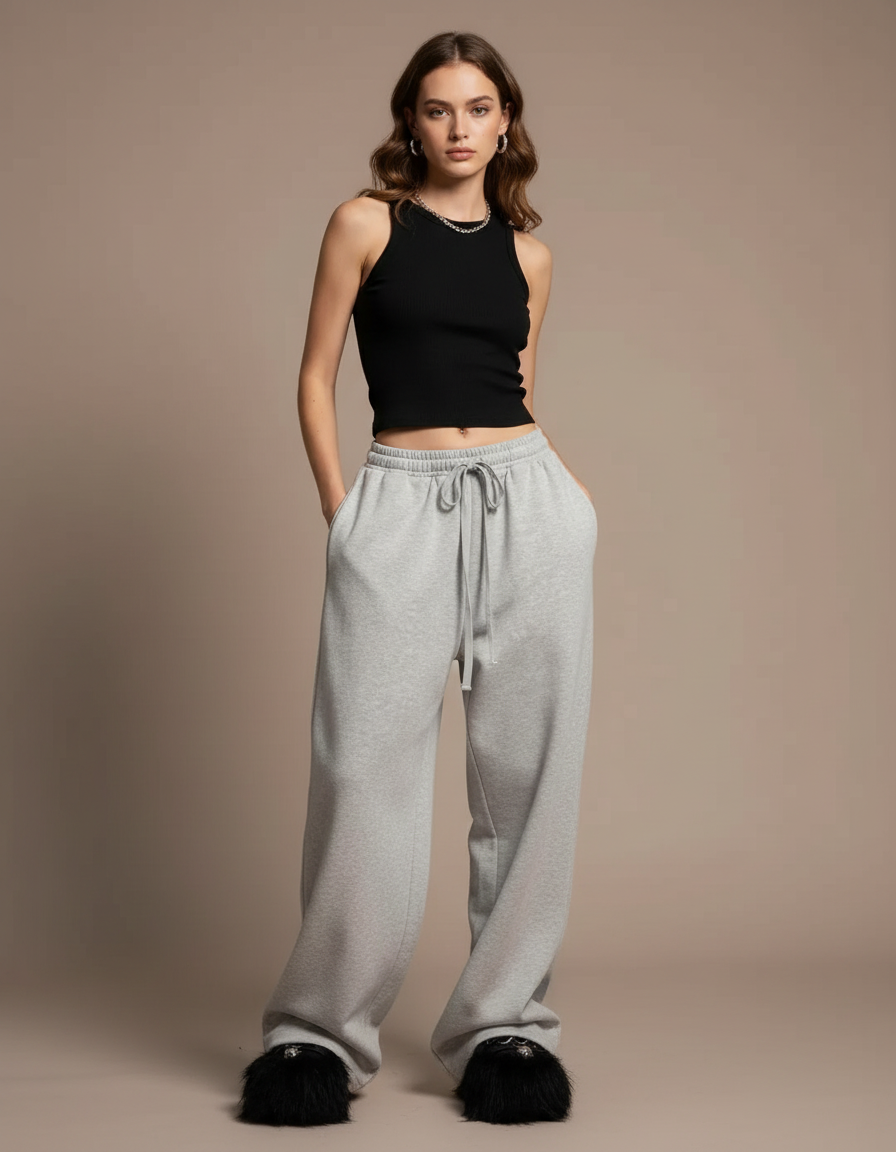 Pantalon Fluide Gris Ample Confortable Décontracté Femme - Molleton