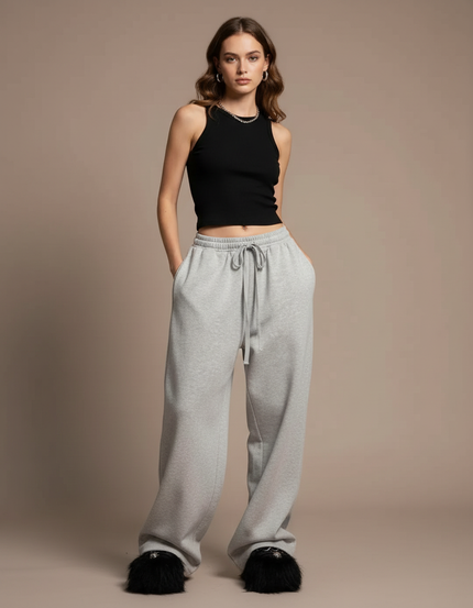 Pantalon Fluide Gris Ample Confortable Décontracté Femme - Molleton