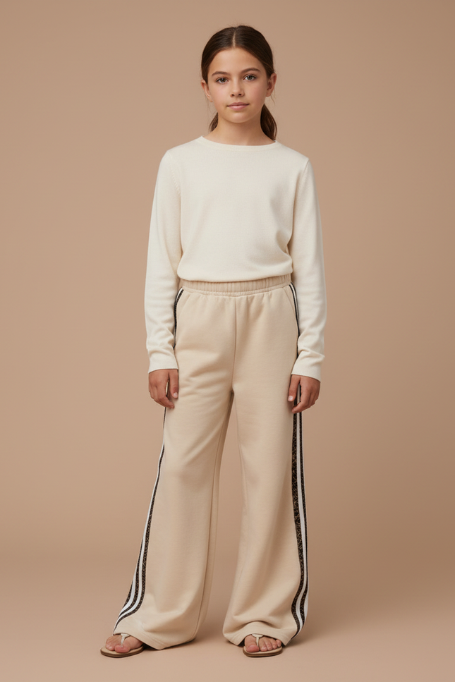 Pantalon Fluide Beige Évasé Sport Décontracté Rayures - Molleton