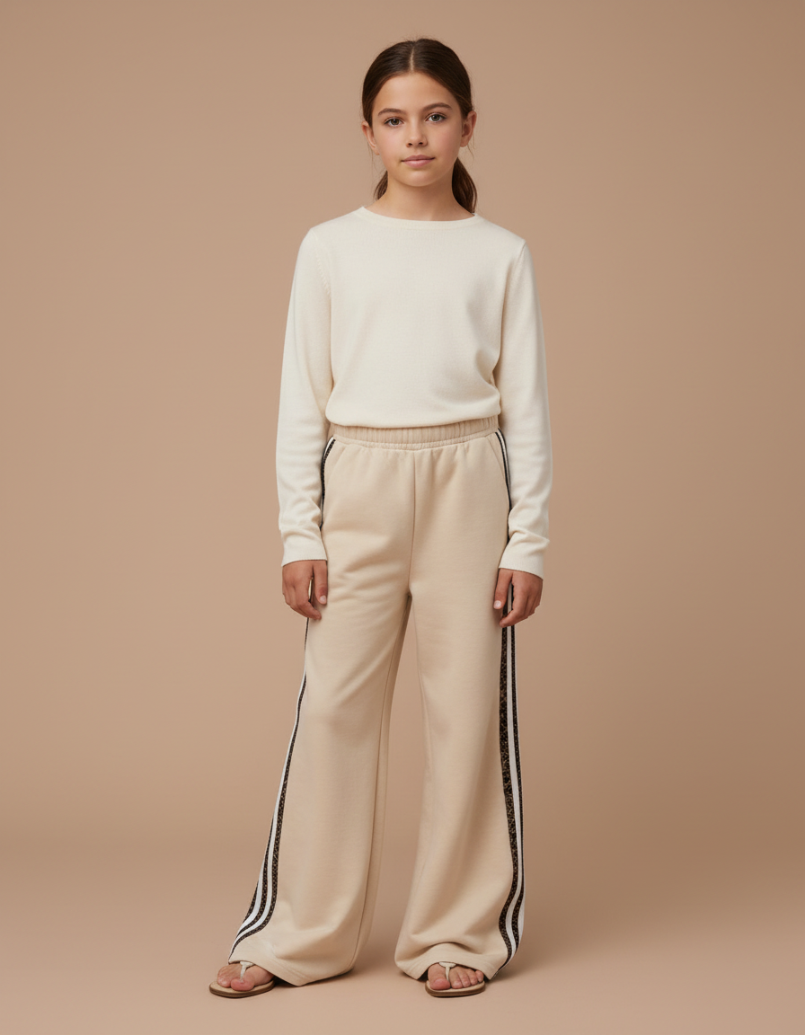 Pantalon Fluide Beige Évasé Sport Décontracté Rayures - Molleton