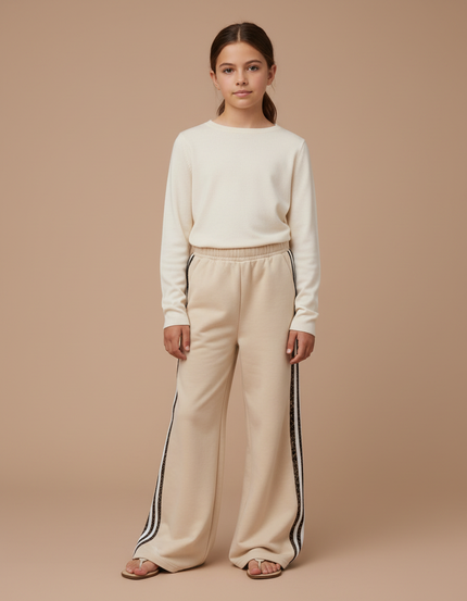 Pantalon Fluide Beige Évasé Sport Décontracté Rayures - Molleton