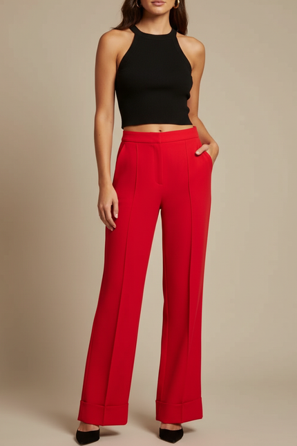 Pantalon Fluide Rouge Taille Haute Évasé Élégant Femme - Polyester