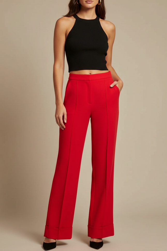 Pantalon Fluide Rouge Taille Haute Évasé Élégant Femme - Polyester