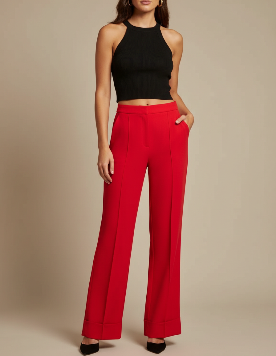 Pantalon Fluide Rouge Taille Haute Évasé Élégant Femme - Polyester