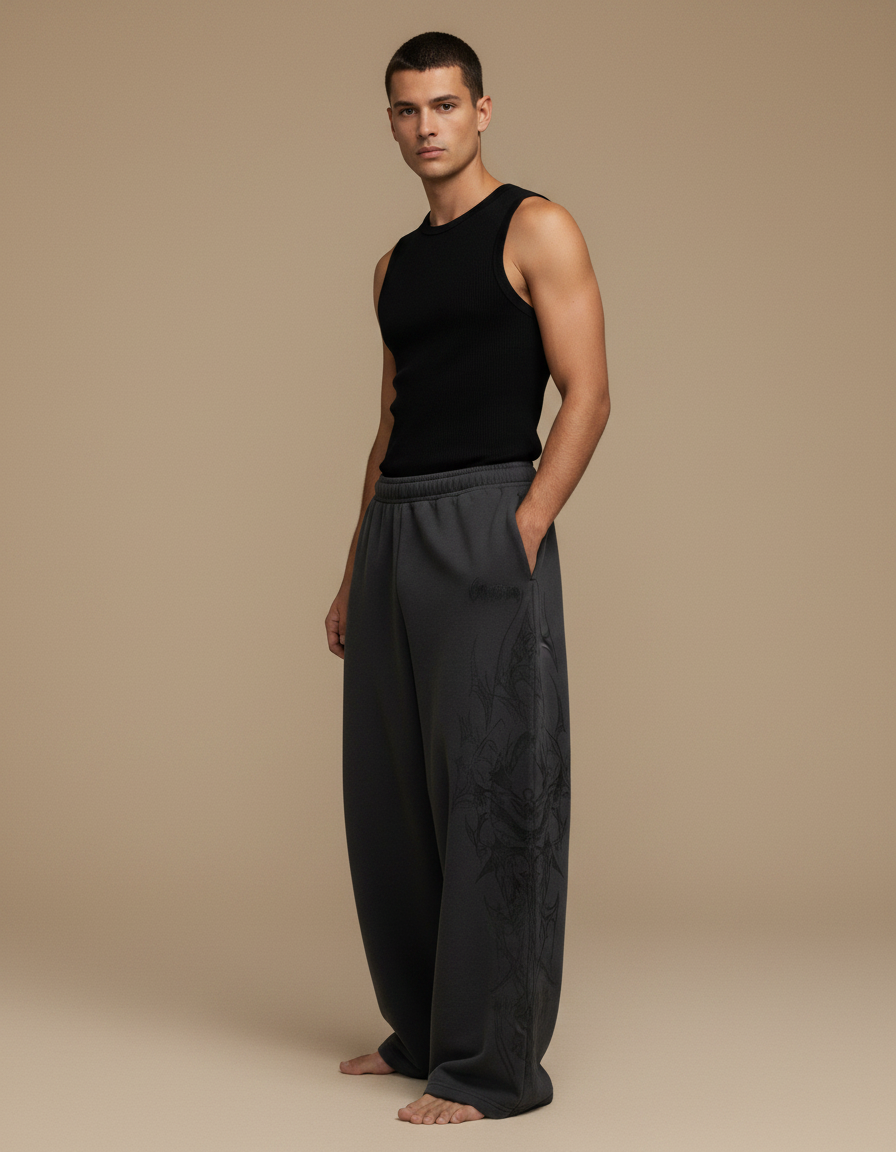 Pantalon Fluide Gris Ample Imprimé Sport Homme - Molleton