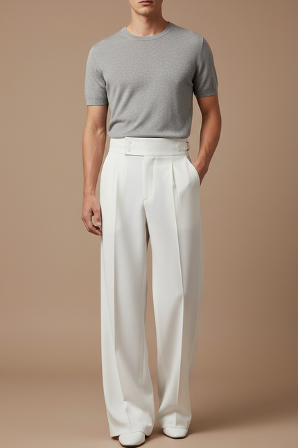 Pantalon Fluide Blanc Ample Plissé Chic Homme - Polyester