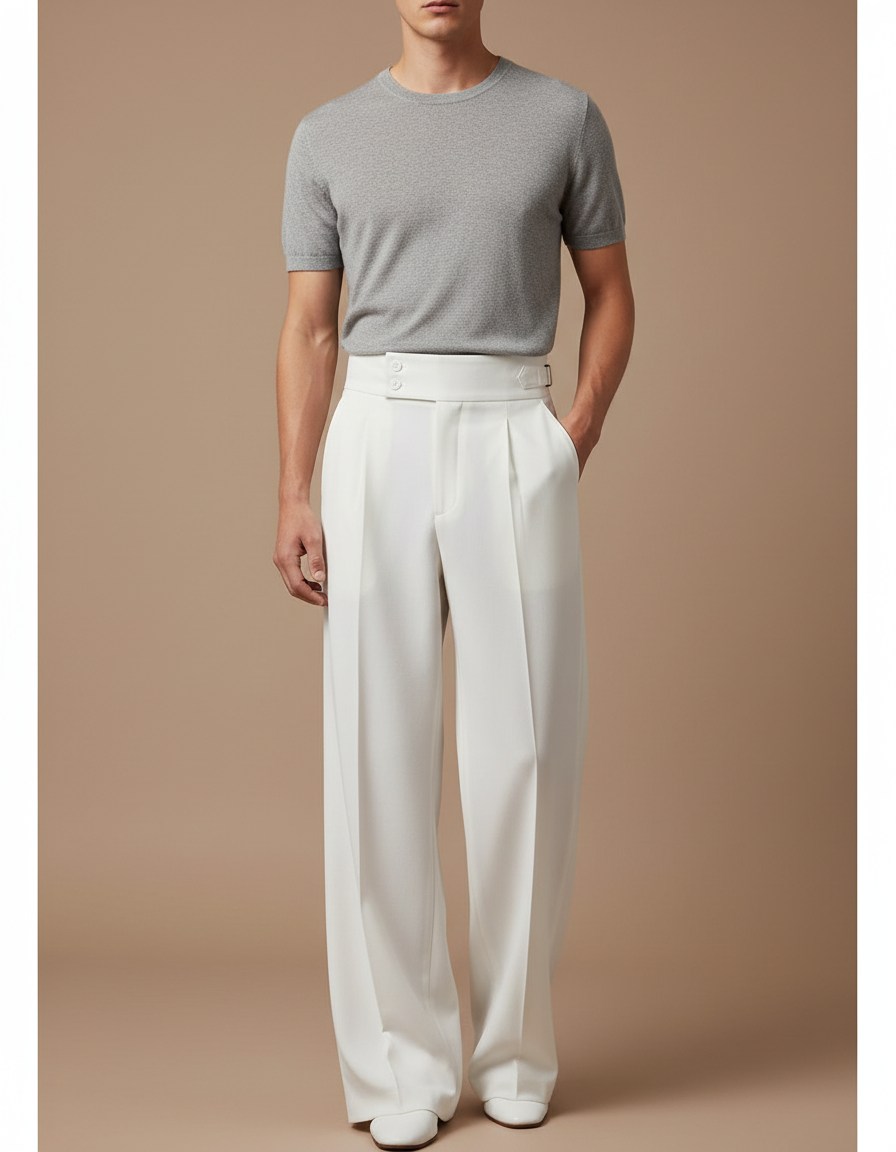 Pantalon Fluide Blanc Ample Plissé Chic Homme - Polyester