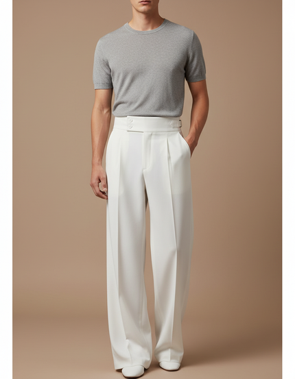 Pantalon Fluide Blanc Ample Plissé Chic Homme - Polyester