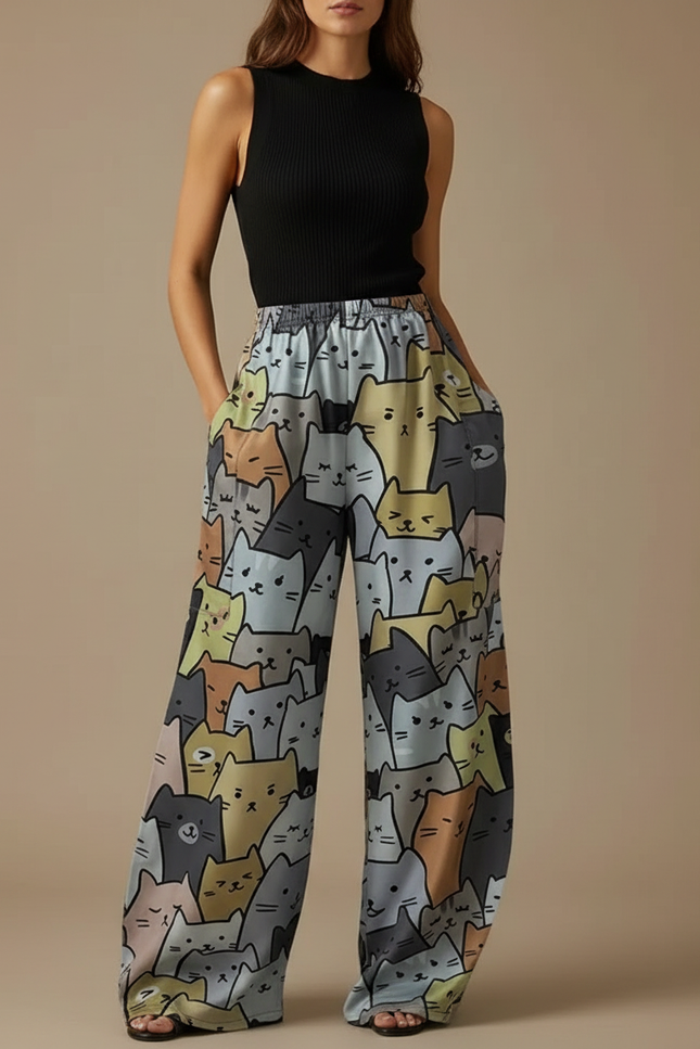 Pantalon Fluide Imprimé Chats Ample Décontracté Coloré - Multicolore Satin