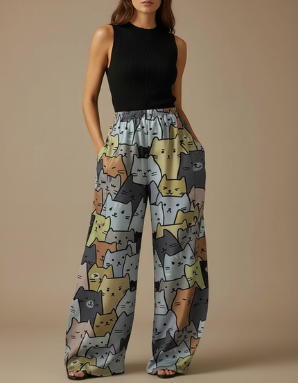 Pantalon Fluide Imprimé Chats Ample Décontracté Coloré - Multicolore Satin