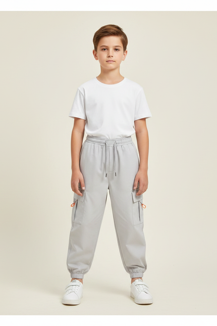 Pantalon Fluide Cargo Gris Ample Multi-Poches Garçon - Polyester