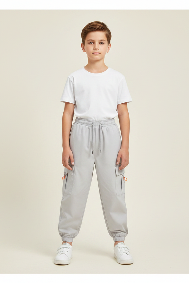 Pantalon Fluide Cargo Gris Ample Multi-Poches Garçon - Polyester