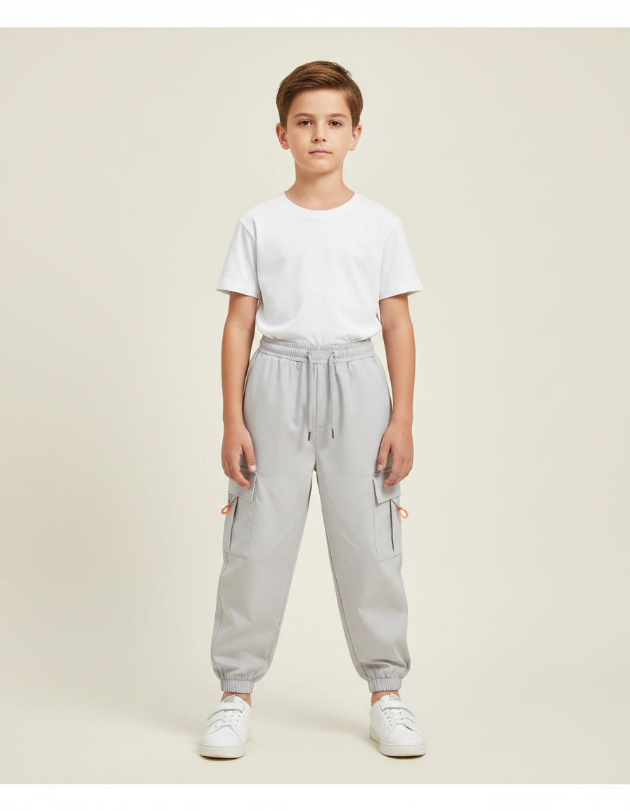 Pantalon Fluide Cargo Gris Ample Multi-Poches Garçon - Polyester