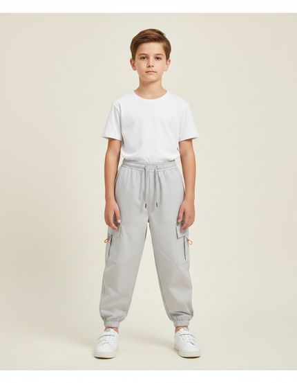 Pantalon Fluide Cargo Gris Ample Multi-Poches Garçon - Polyester