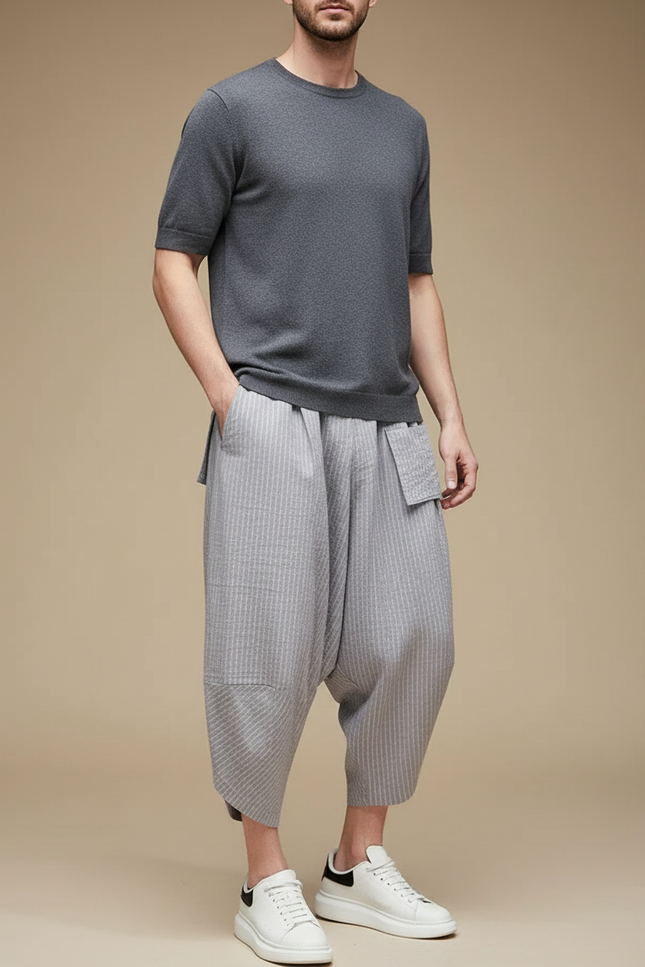 Pantalon Fluide Gris Rayé Ample Harem Coton Lin
